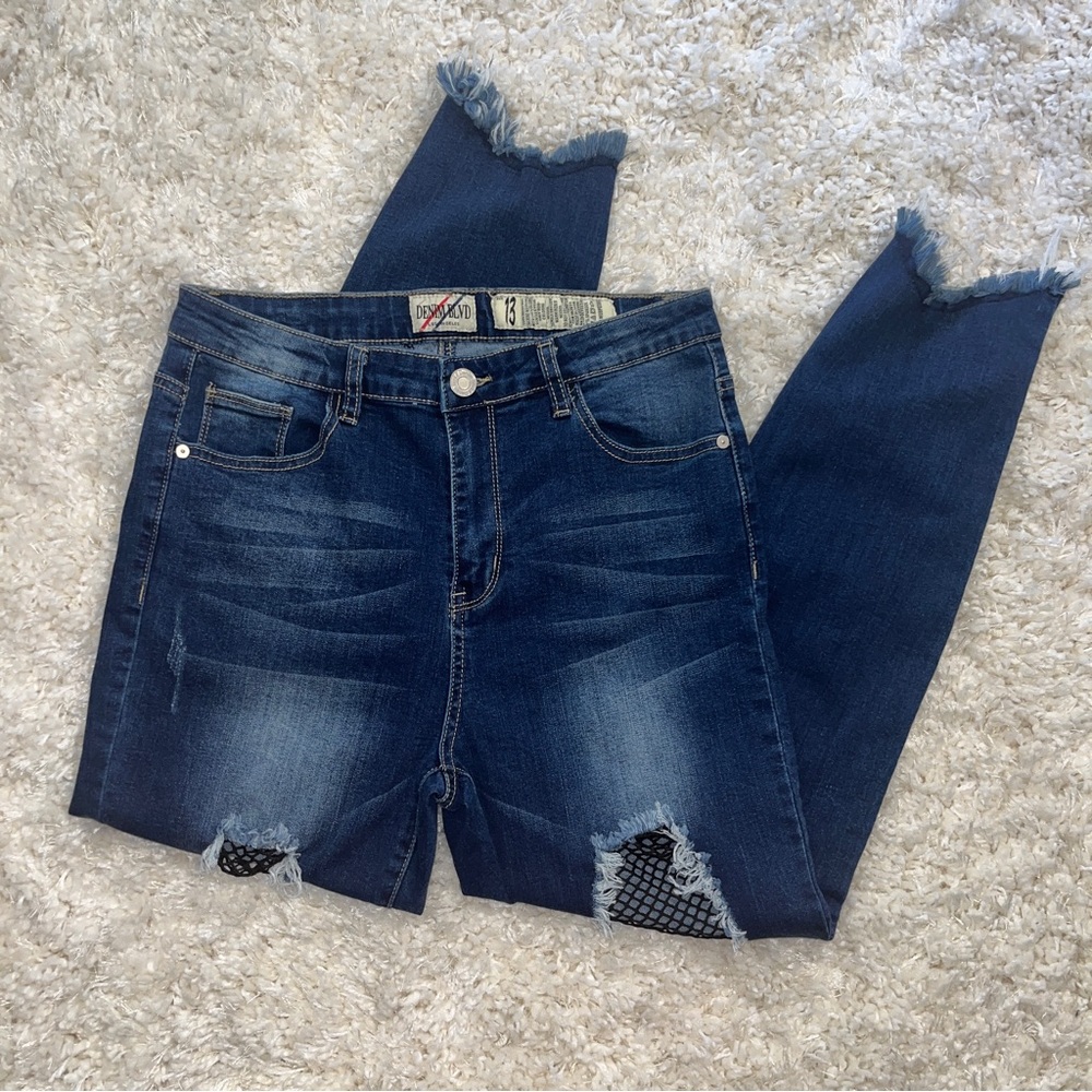 DENIM BLVD DARK WASH FAUX FISHNET SKINNY JEANS